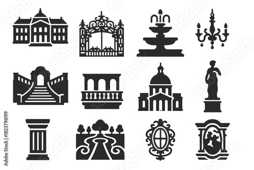 Baroque Palace Icons. Solid style icons of Baroque palaces: palace facade, ornate gate, fountain, chandelier, grand staircase,