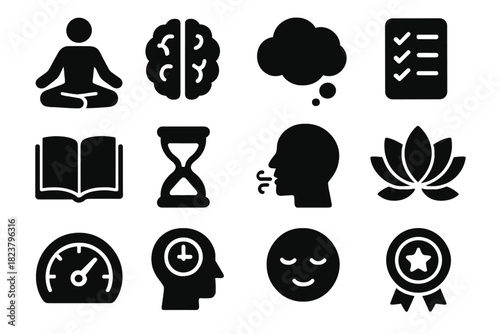 Mental Resilience Icons. Solid style icons of mental resilience: meditation pose, brain icon, thought bubble, checklist, journal,