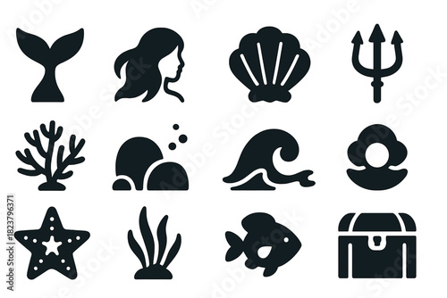Mermaid Icon Collection. Solid style icons of mermaids: mermaid tail, flowing hair, seashell, trident, coral, underwater rock,