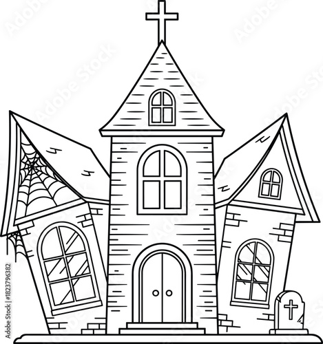 Spooky haunted house vector, scary abandoned church, Halloween coloring page, black and white line art, isolated sketch