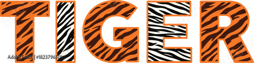 Stylized Block Lettering Spelling the Word TIGER with Alternating Orange and Black Stripes and Black and White Zebra Stripes Isolated on a White Background