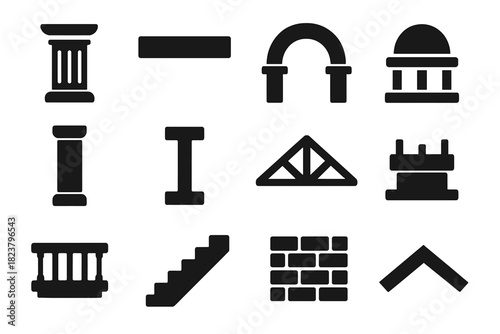Structural Elements Icons. Solid style icons of structural elements: column, beam, arch, dome, pillar, girder, truss, foundation,