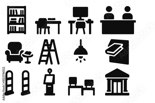 Library Infrastructure Icons. Solid style icons of library infrastructure: shelves, study desk, computer station, reference desk,