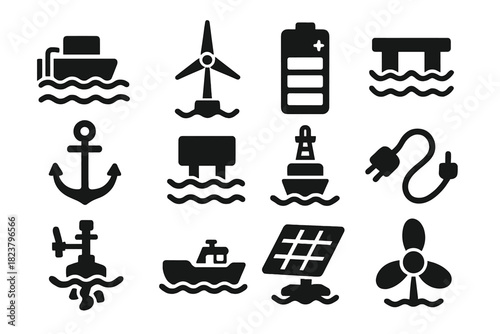Ocean Energy Icons. Solid style icons of Ocean Energy: wave energy converter, offshore windmill, saltwater battery, floating