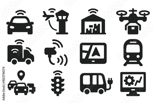 Future Transport Icons. Solid style icons of Future Transportation Systems: autonomous car, air traffic system, smart logistics