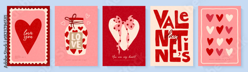 Set of Valentines Day greeting card designs in minimalist hand-drawn style with hearts and romantic illustrations, grainy texture, vector