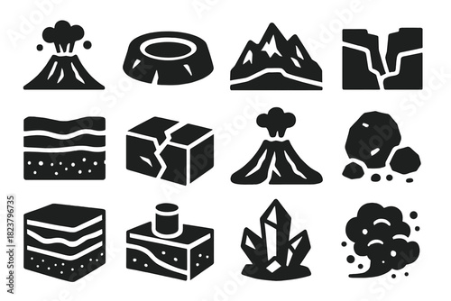 Planetary Geology Icons. Solid style icons of planetary geology: volcano, crater, mountain, canyon, rock strata, tectonic fault,