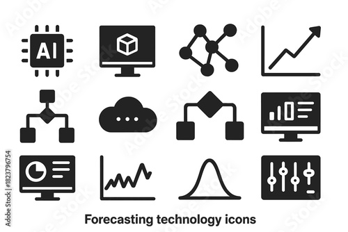 Forecasting Technology Icons. Solid style icons of forecasting technology: AI icon, computer simulation, neural network, trend