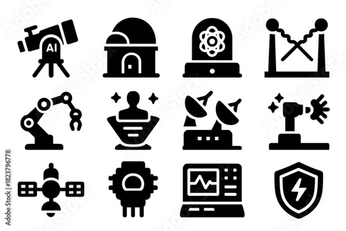 Futuristic Astrophysics Icons. Solid style icons of futuristic astrophysics tools: AI telescope, space observatory, quantum