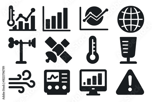 Climate Data Icons. Solid style icons of climate data: temperature chart, bar graph, line graph, globe, weather station, satellite