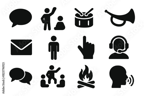 Communication Icons Collection. Solid style icons of communication practices: speech bubble, storytelling figure, drum signal,
