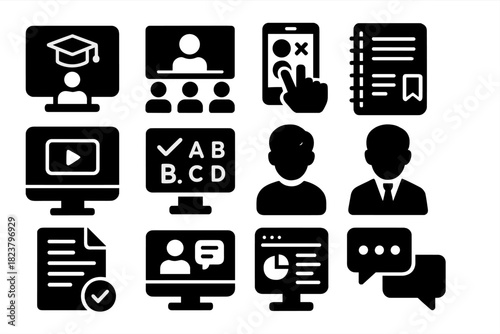 Modern Learning Icons. Solid style icons of Modern Learning Solutions: MOOC platform, remote classroom, interactive app, digital