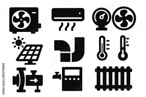 Heating and Cooling Icons. Solid style icons of heating and cooling efficiency: heat pump, air conditioner, thermostat, fan, solar