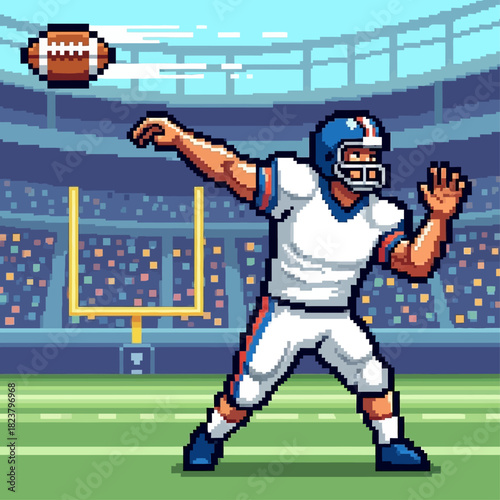 Dynamic pixel art of a football player in a classic uniform throwing the ball downfield during a championship game