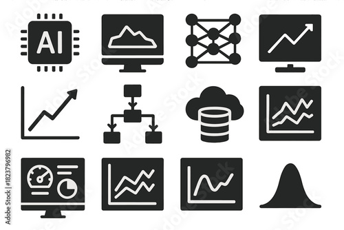 Forecasting Technology Icons. Solid style icons of forecasting technology: AI icon, computer simulation, neural network, trend