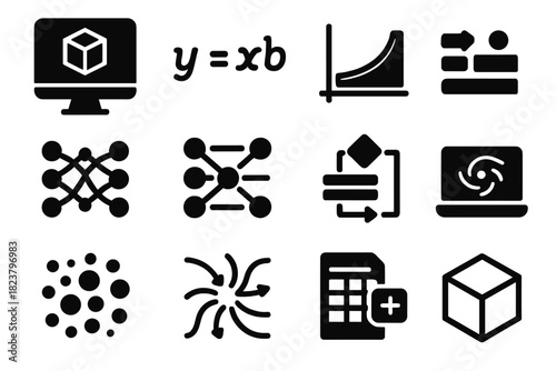 Theoretical Modeling Icons. Solid style icons of theoretical modeling: computer simulation, equation, graph chart, neural network,