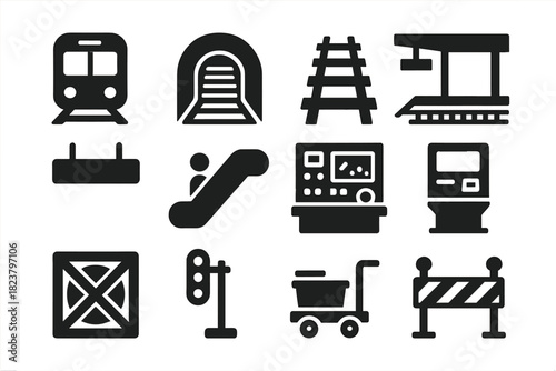 Underground System Icons. Solid style icons of underground systems: subway train, tunnel, track, platform, station sign, escalator