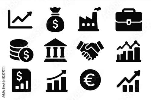 Capitalism Icon Set. Solid style icons of capitalism: stock chart, money bag, factory, briefcase, coin stack, bank building,