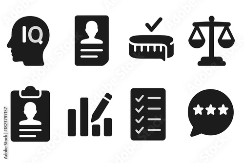 Personality Testing Icons. Solid style icons of Personality Testing: IQ assessment, personality test, measurement check, survey