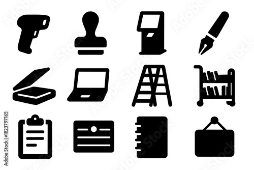Library Tools Icons. Solid style icons of library tools: barcode reader, library stamp, checkout kiosk, pen, scanner, laptop,