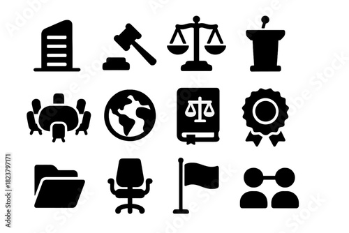 Space Governance Icons. Solid style icons of space governance: UN building, gavel, scale of justice, podium, meeting table, globe,