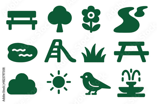 Green Space Icons. Solid style icons of green spaces: park bench, tree, flower, walking path, pond, playground, grass patch,
