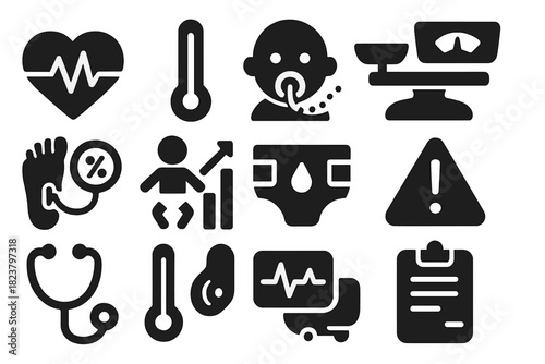 Newborn Health Icons. Solid style icons of newborn health monitoring: heart rate monitor, temperature gauge, respiratory sensor,