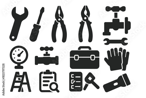Maintenance Tools Icons. Solid style icons of maintenance tools: wrench, screwdriver, pliers, pipe cutter, gauge, valve key,