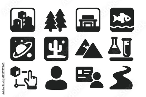 Solid Virtual Icons. Solid style icons of virtual environments: 3D city, forest, classroom, ocean, space scene, desert, mountain,