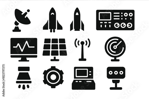 Aerospace Technology Icons. Solid style icons of aerospace technology: satellite dish, space shuttle, rocket booster, control