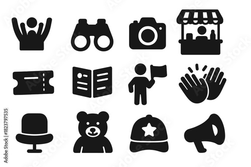 Spectator Activities Icons. Solid style icons of spectator activities: cheering crowd, binoculars, camera, snack stand, ticket,