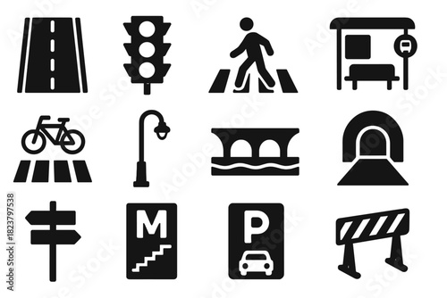 Urban Infrastructure Icons. Solid style icons of urban infrastructure: street, traffic light, pedestrian crossing, bus stop,