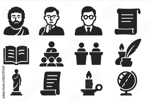 Philosophy Icons. Solid style icons of Philosophical Studies: ancient philosopher, rationalist thinker, modern scholar, parchment,