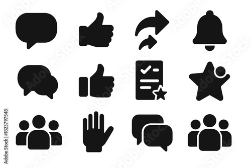 Audience Engagement Icons. Solid style icons of audience engagement: comment bubble, like icon, share arrow, subscription bell,