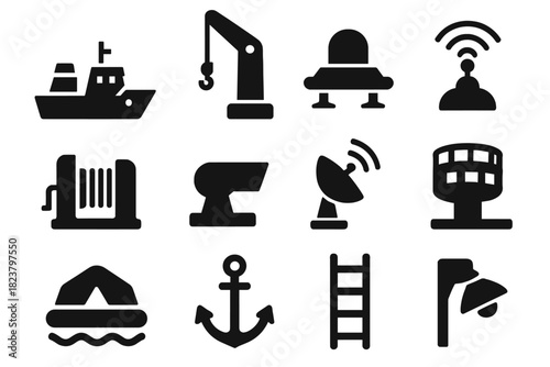 Exploration Vessels Icons. Solid style icons of exploration vessels: research ship, crane, diving platform, sonar dome, winch,