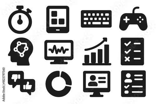Cognitive Testing Icons. Solid style icons of cognitive testing: reaction timer, tablet, keyboard, joystick, task icon, brainwave