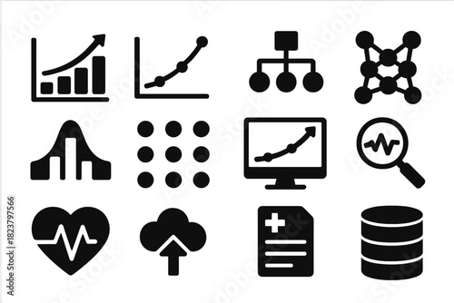 Predictive Models Icons. Solid style icons of predictive models: graph chart, trend line, algorithm icon, neural network,