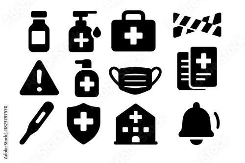 Public Health Icons. Solid style icons of public health tools: vaccine vial, hand sanitizer, first aid kit, quarantine tape,