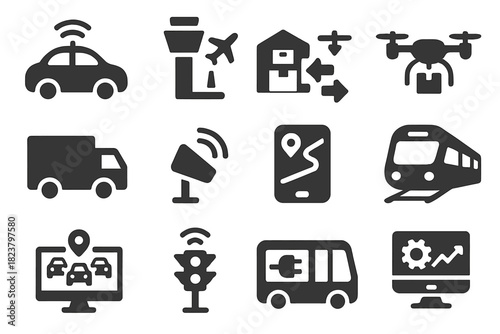 Future Transport Icons. Solid style icons of Future Transportation Systems: autonomous car, air traffic system, smart logistics