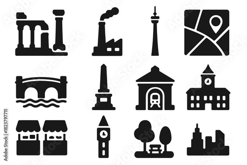 Urban Archaeology Icons. Solid style icons of Urban Archaeology: ancient ruins, factory chimney, modern tower, street map,