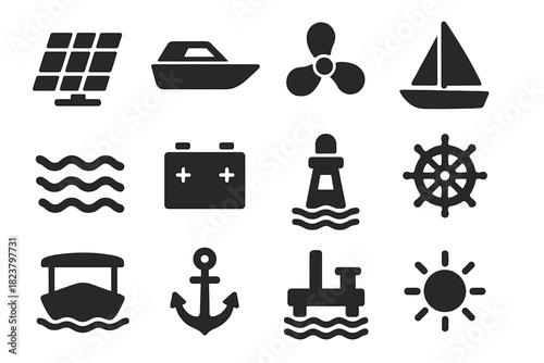 Solar Boat Icons. Solid style icons of solar boats: solar panels, hull, propeller, sail, water waves, battery pack, navigation