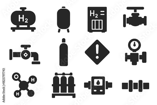 Hydrogen Storage Icons. Solid style icons of hydrogen storage: hydrogen tank, pressure vessel, fuel cell, gas valve, pipeline,