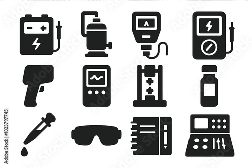 Laboratory Testing Icons. Solid style icons of laboratory testing: battery tester, calorimeter, pressure sensor, voltage meter,