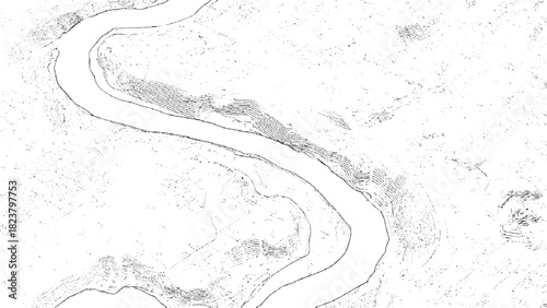 Black and white contour map of a winding river and hilly terrain with textured slopes topography