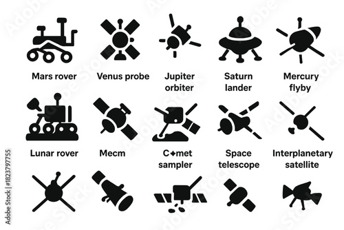 Planetary Exploration Icons. Solid style icons of Planetary Exploration: Mars rover, Venus probe, Jupiter orbiter, Saturn lander,