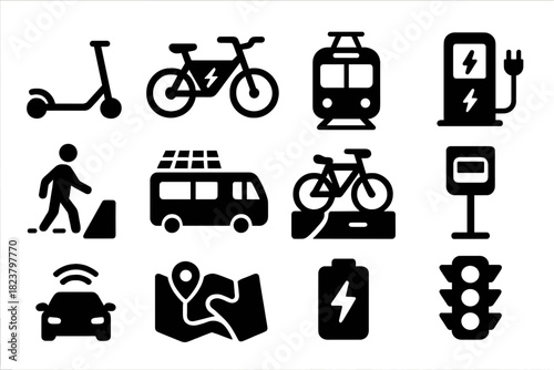 Sustainable Transport Icons. Solid style icons of sustainable transport: electric scooter, e-bike, tram, charging station,