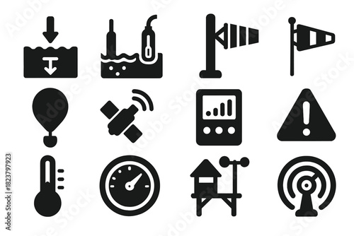 Environmental Monitoring Icons. Solid style icons of environmental monitoring: ice thickness sensor, salinity probe, water