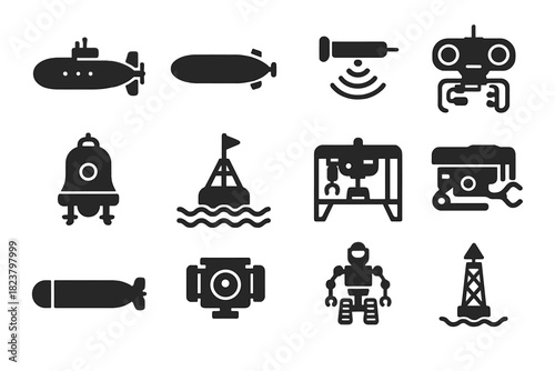 Ocean Engineering Icons. Solid style icons of Ocean Engineering: research submarine, AUV, sonar sensor, underwater drone, diving