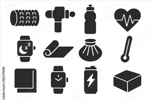 Recovery Essentials Icons. Solid style icons of recovery and monitoring: foam roller, massage gun, water bottle, heart rate