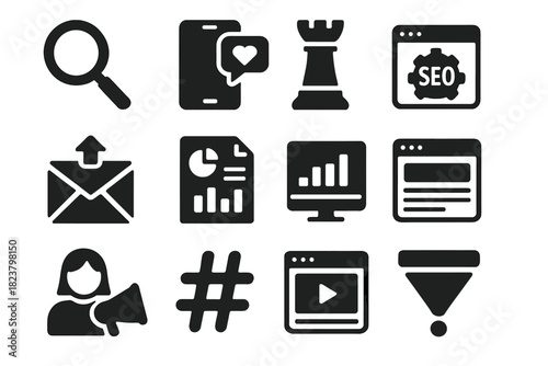 Online Promotion Icons. Solid style icons of Online Promotion: search icon, social platform, content strategy, email campaign,